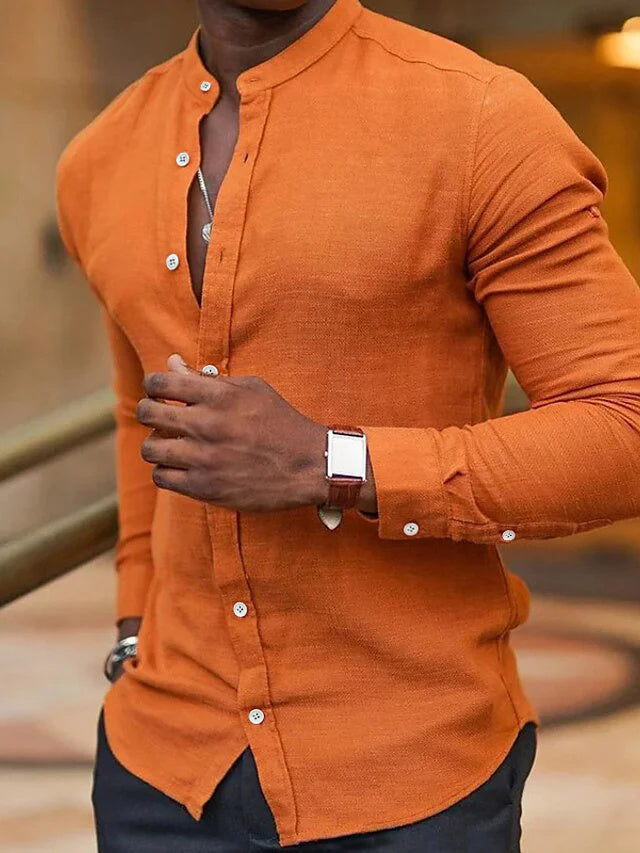 Chemise Décontractée en Coton et Lin à Manches Longues pour Hommes, Couleur Unie