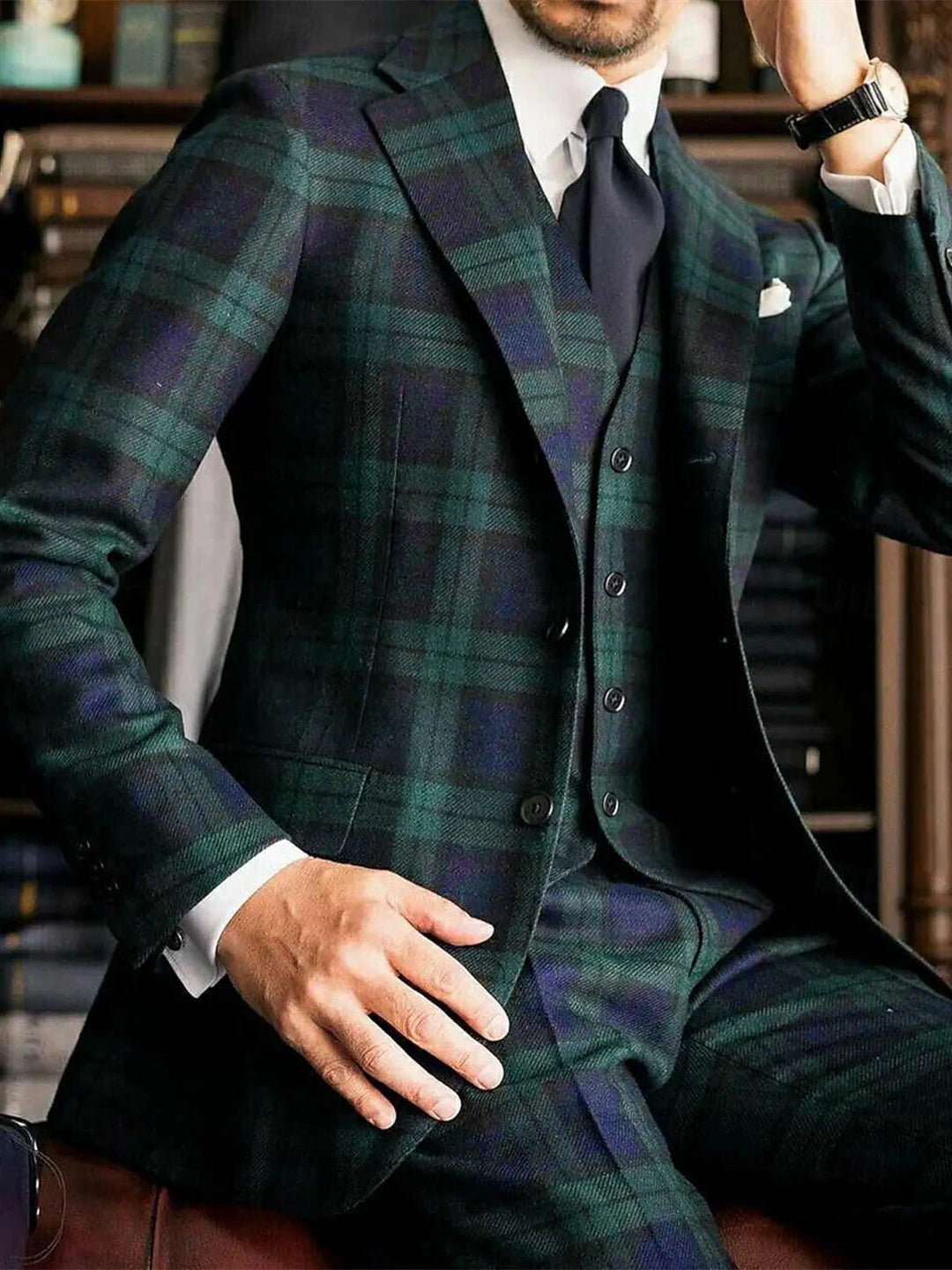 Costume de Mariage 3 Pièces à Carreaux Vert Foncé pour Homme, Coupe Ajustée, Simple Boutonnage, Deux Boutons
