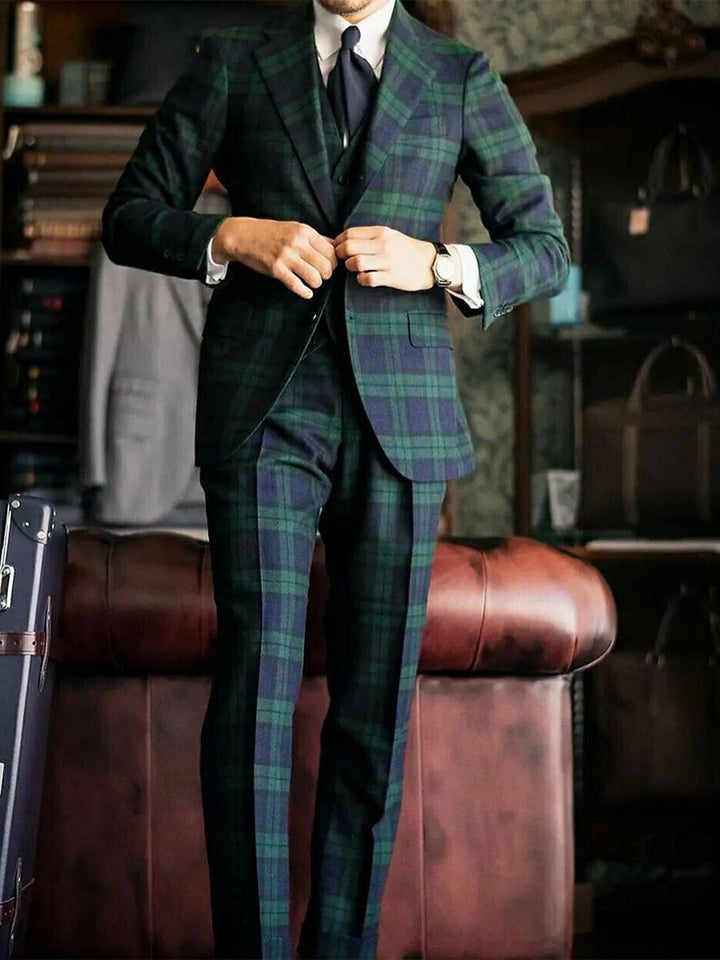 Costume de Mariage 3 Pièces à Carreaux Vert Foncé pour Homme, Coupe Ajustée, Simple Boutonnage, Deux Boutons