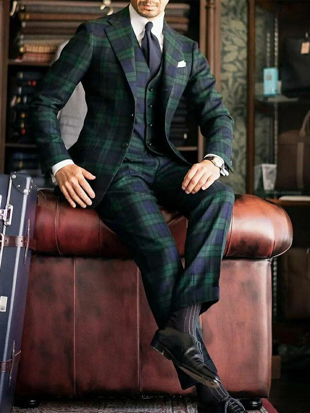 Costume de Mariage 3 Pièces à Carreaux Vert Foncé pour Homme, Coupe Ajustée, Simple Boutonnage, Deux Boutons