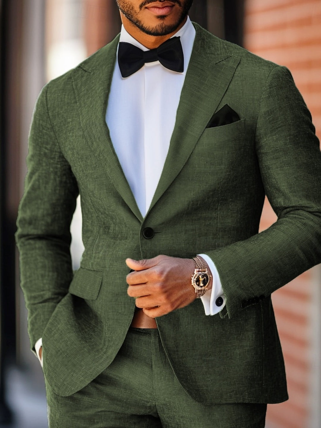 Costume homme 2 pièces vert foncé, lin, 1 bouton, pour soirée/mariage/cérémonie