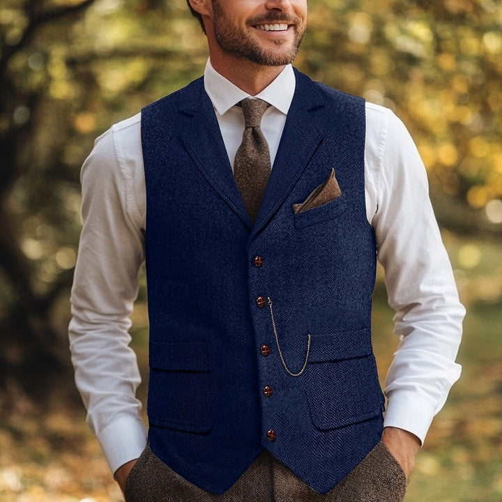 Gilet homme, à chevrons, coupe standard, revers cranté, droit, 5 boutons, tweed