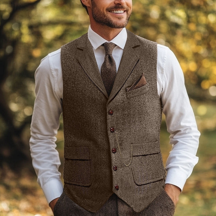 Gilet homme, à chevrons, coupe standard, revers cranté, droit, 5 boutons, tweed