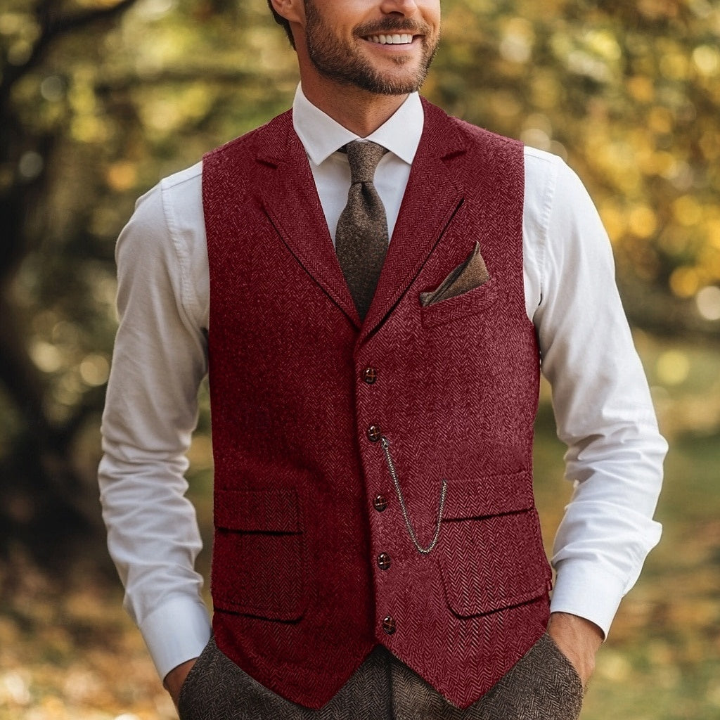Gilet homme, à chevrons, coupe standard, revers cranté, droit, 5 boutons, tweed