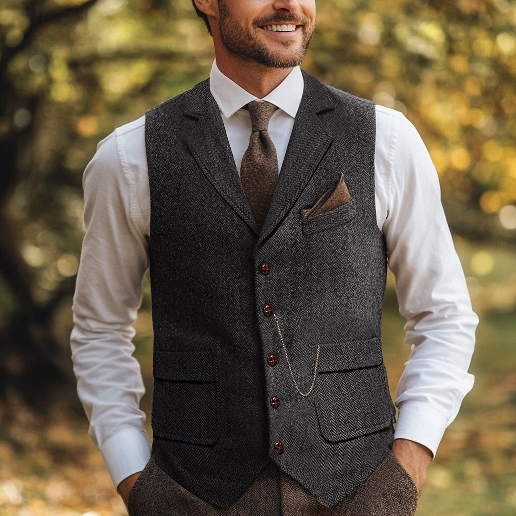Gilet homme, à chevrons, coupe standard, revers cranté, droit, 5 boutons, tweed