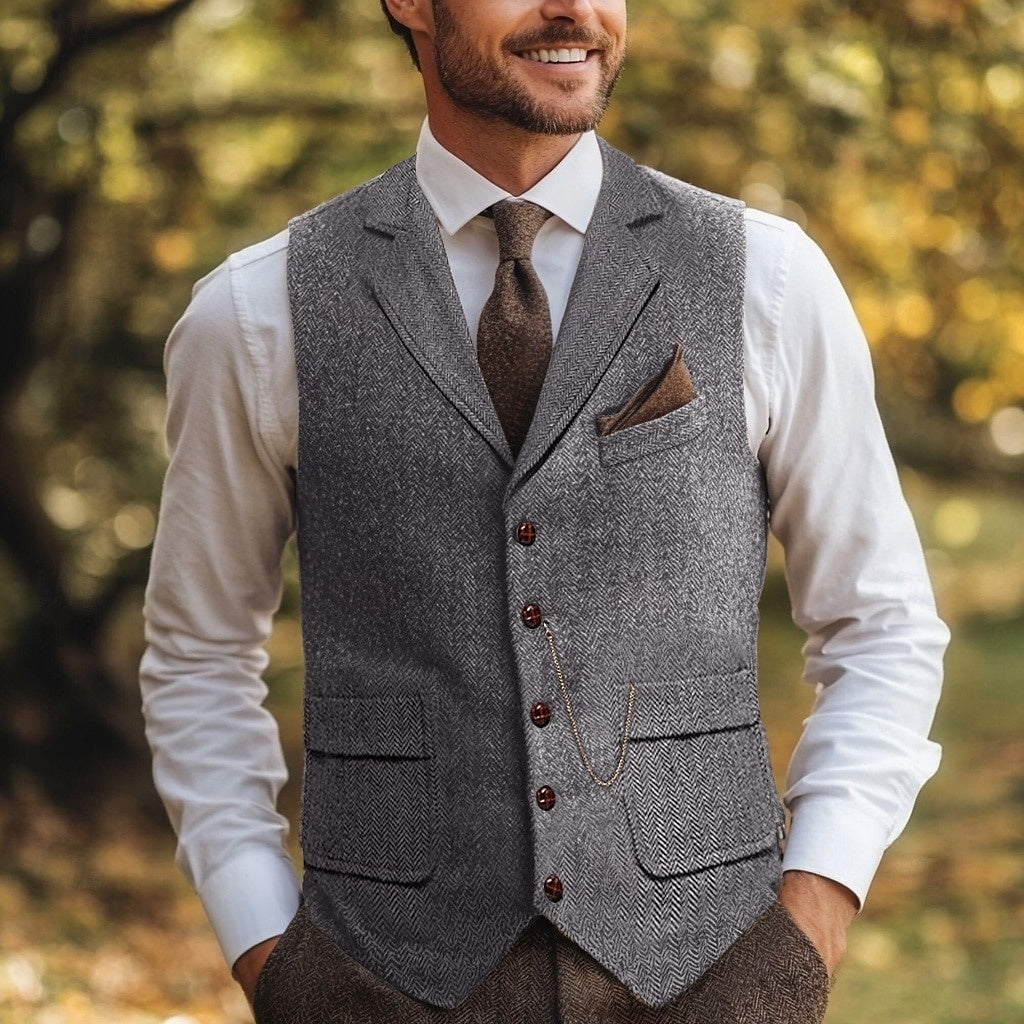 Gilet homme, à chevrons, coupe standard, revers cranté, droit, 5 boutons, tweed