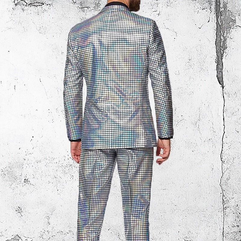 Costume homme 2 pièces, à carreaux, punk, mode, coupe standard, droit, 2 boutons, sequins, soirée/galas