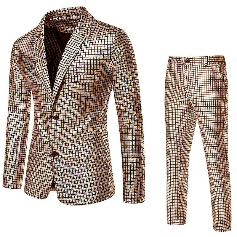 Costume homme 2 pièces, à carreaux, punk, mode, coupe standard, droit, 2 boutons, sequins, soirée/galas
