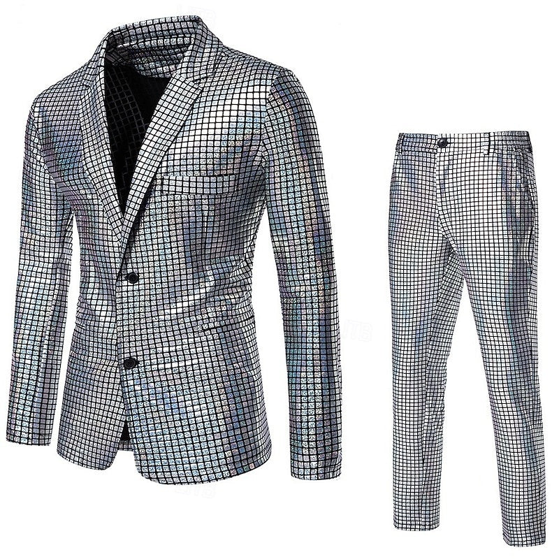 Costume homme 2 pièces, à carreaux, punk, mode, coupe standard, droit, 2 boutons, sequins, soirée/galas