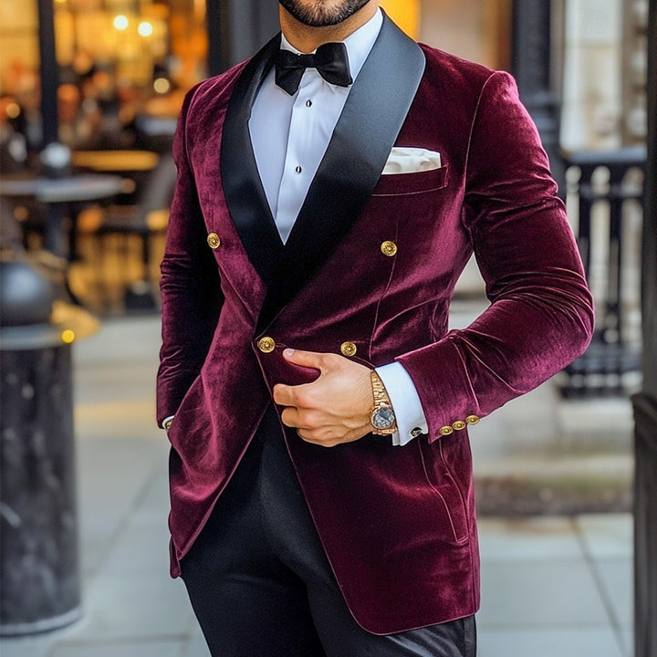 Veste homme vintage, velours, patchwork, longue, coupe standard, croisée, 4 boutons, pour soirée
