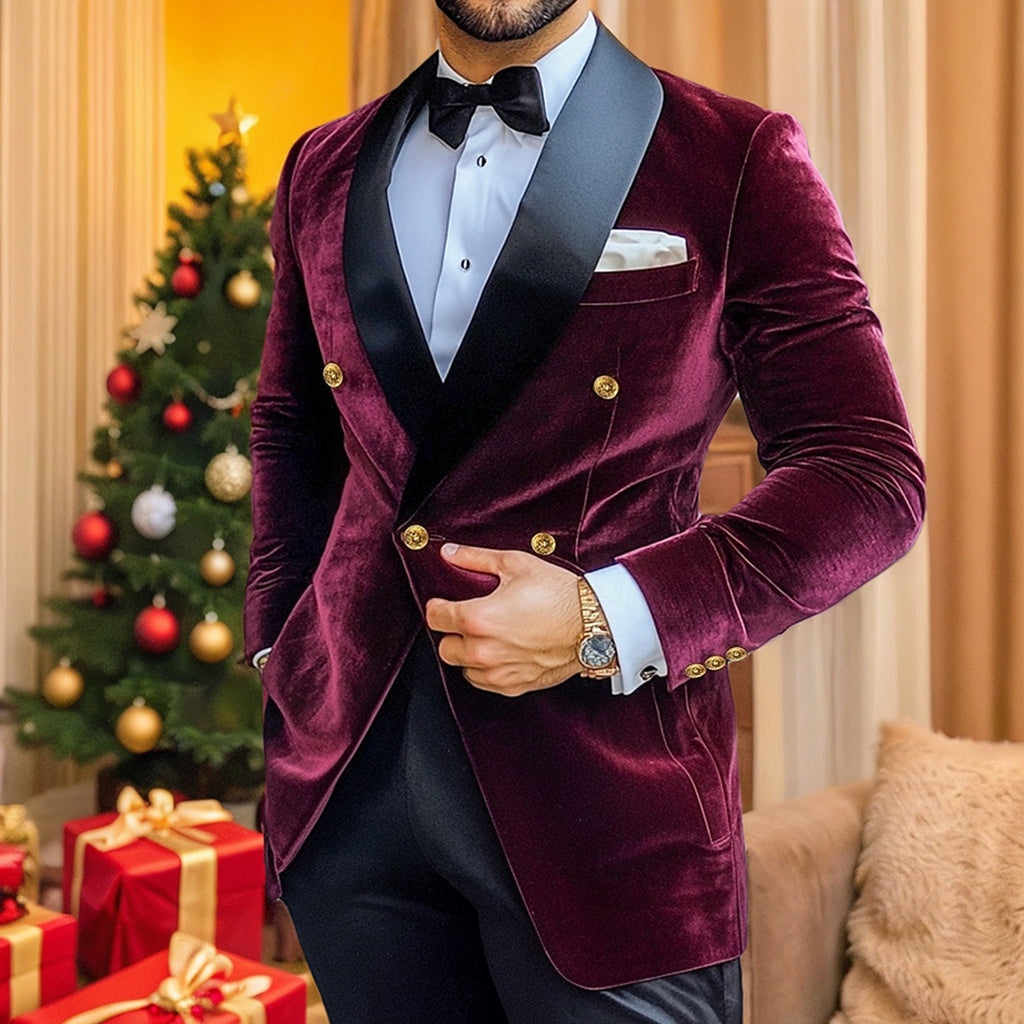 Veste homme vintage, velours, patchwork, longue, coupe standard, croisée, 4 boutons, pour soirée