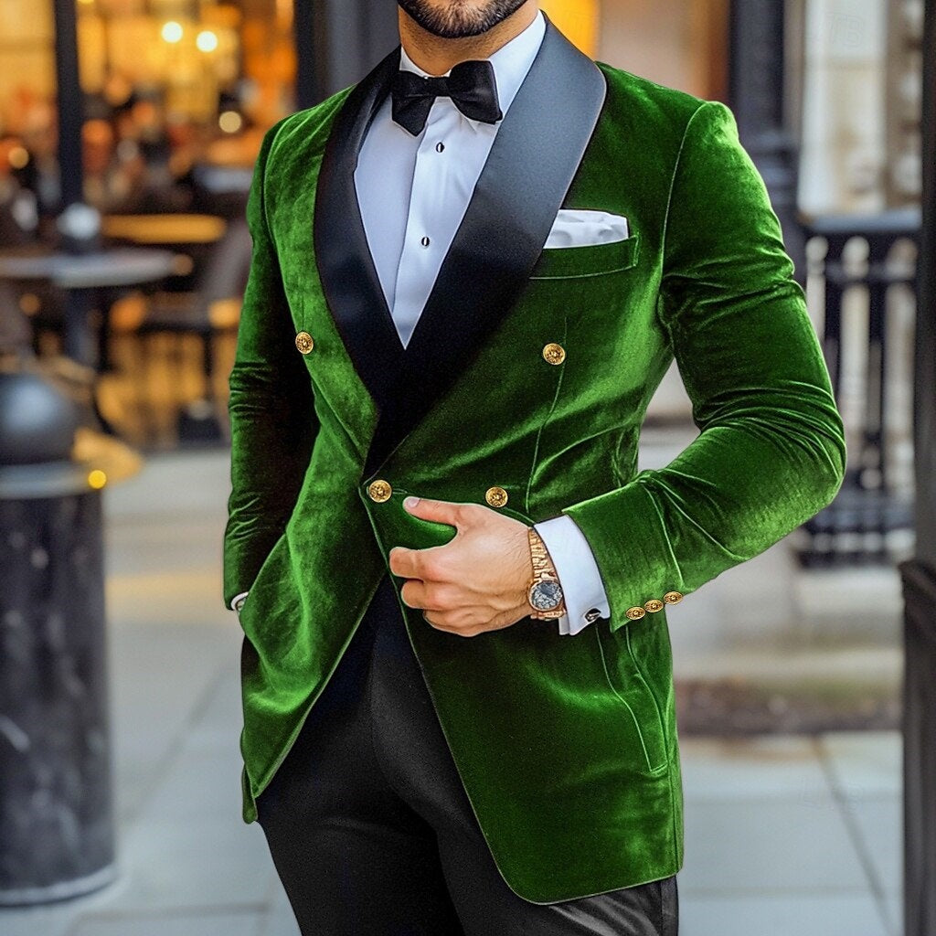 Veste homme vintage, velours, patchwork, longue, coupe standard, croisée, 4 boutons, pour soirée