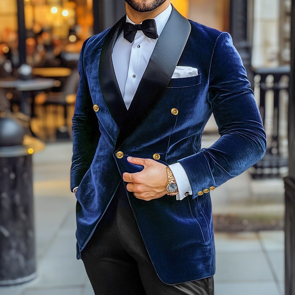 Veste homme vintage, velours, patchwork, longue, coupe standard, croisée, 4 boutons, pour soirée