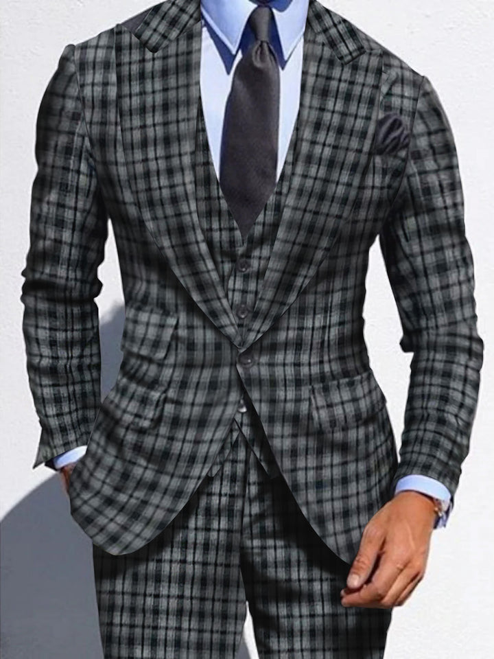 Costume homme 3 pièces gris foncé, à carreaux, coupe ajustée, droit, pour mariage