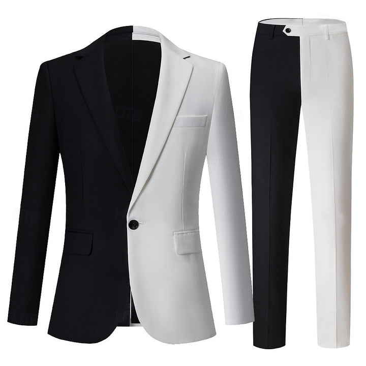 Costume homme 2 pièces noir et blanc, patchwork, punk, mode, coupe standard, droit, pour soirée/galas