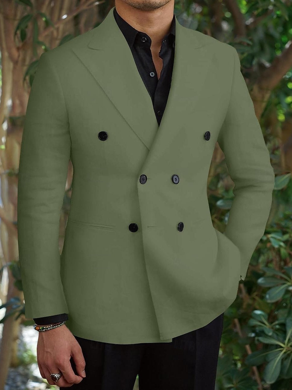 Costume homme 2 pièces noir et vert, affaires/travail, coupe slim, croisé, 6 boutons, pour mariage