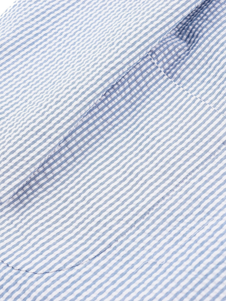 Costume homme 2 pièces bleu, seersucker, rayé, coupe standard, droit, 1 bouton, pour mariage/plage