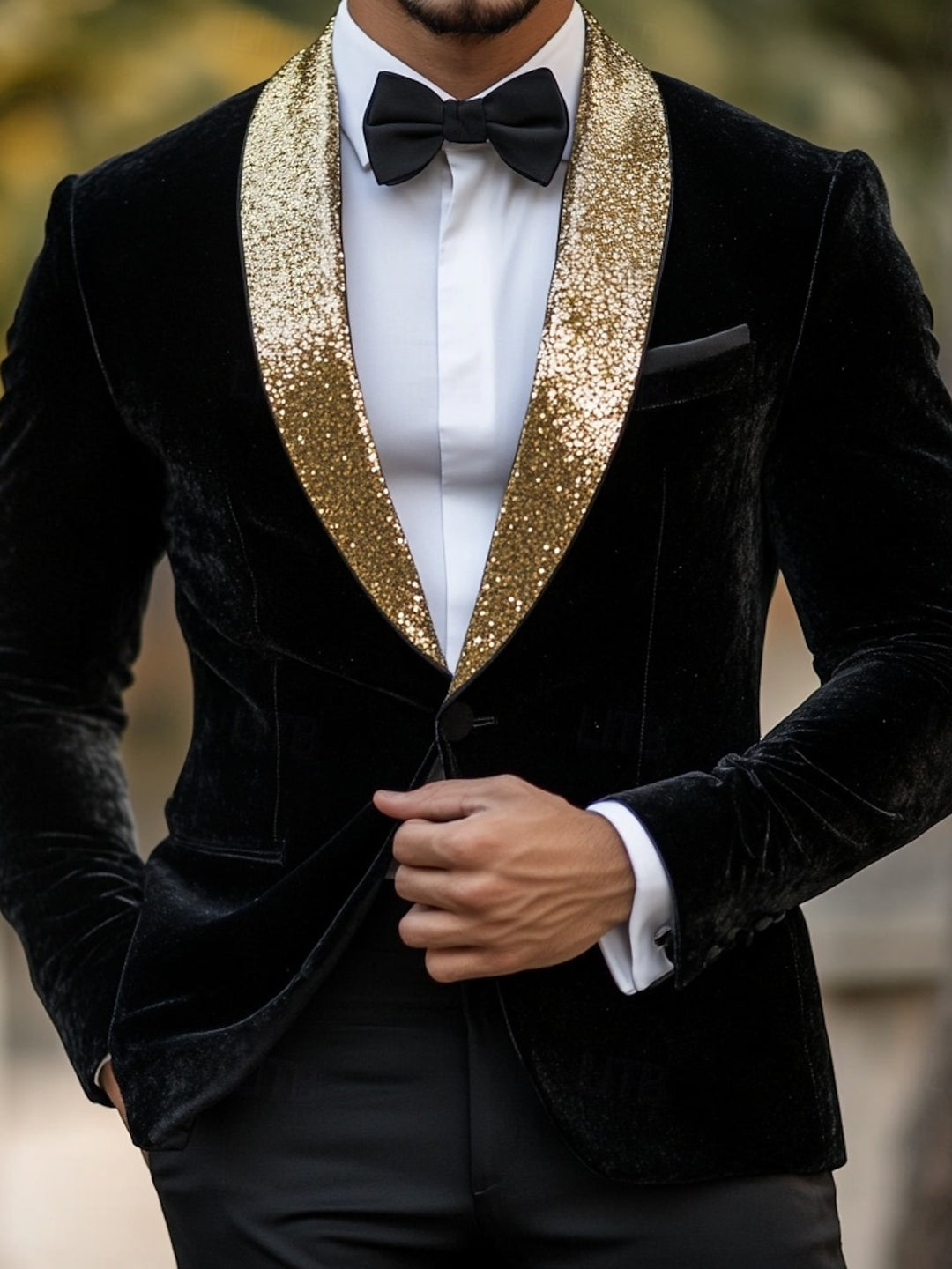 Veste homme noire, coupe standard, 1 bouton, vintage, velours, pour soirée