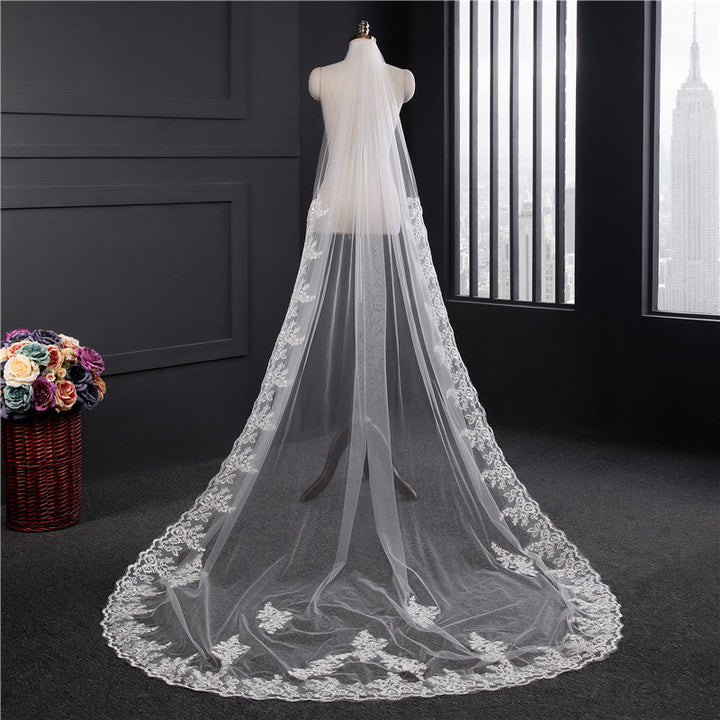 Voile de Mariée Long en Dentelle à Un Niveau avec Appliques