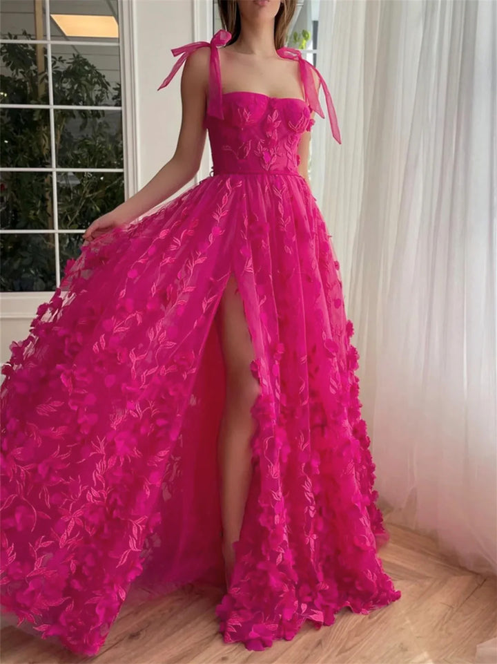 Robe de Bal Longue à Bretelles Spaghetti de Forme Trapèze/Princesse avec Fente Sur le Côté