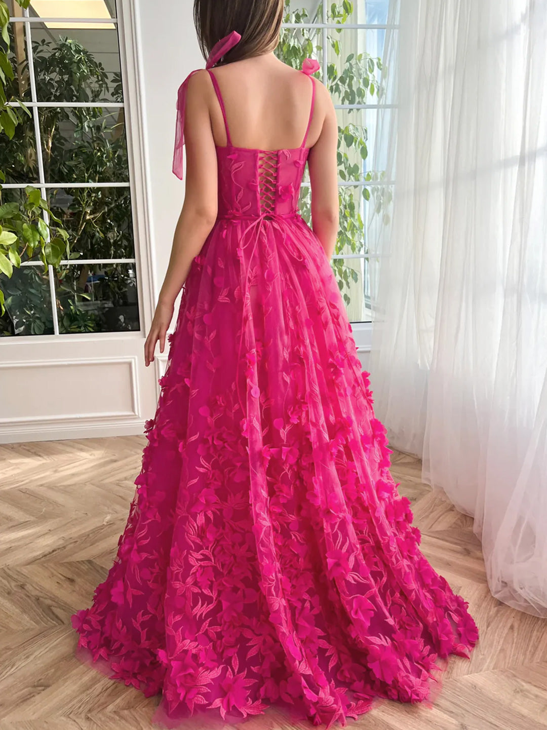 Robe de Bal Longue à Bretelles Spaghetti de Forme Trapèze/Princesse avec Fente Sur le Côté