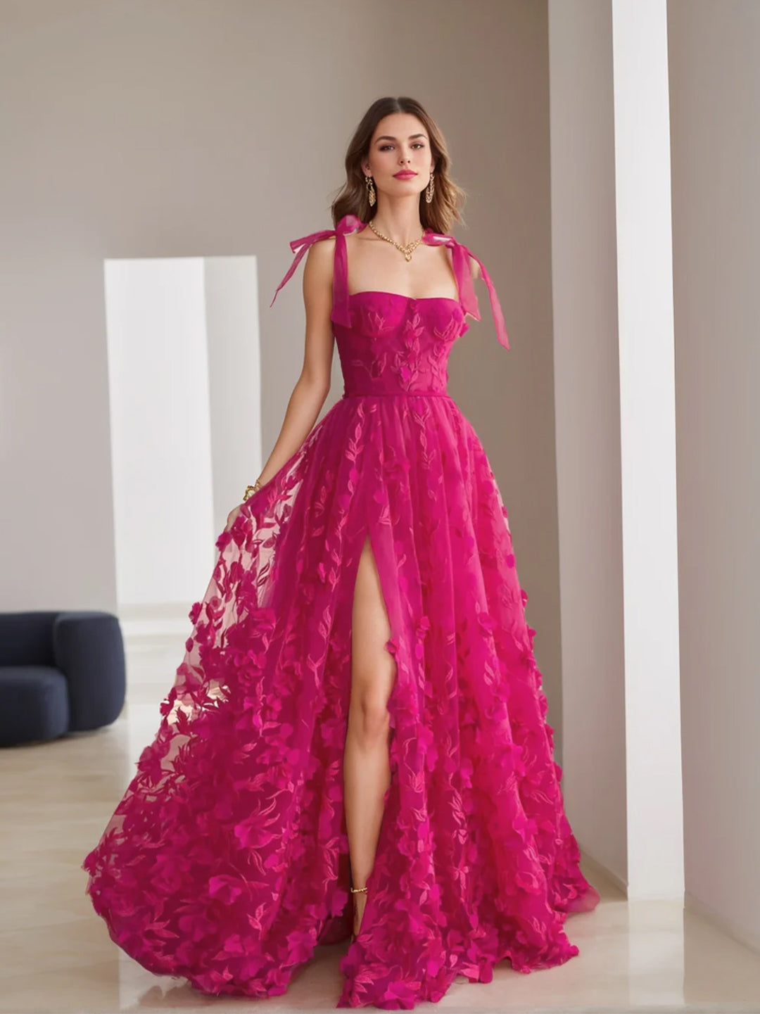 Robe de Bal Longue à Bretelles Spaghetti de Forme Trapèze/Princesse avec Fente Sur le Côté