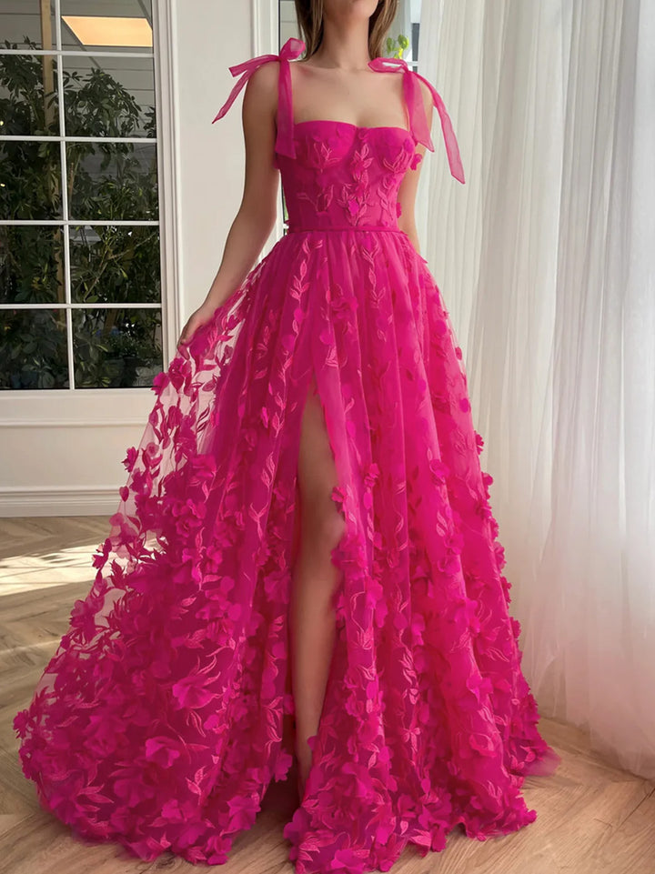 Robe de Bal Longue à Bretelles Spaghetti de Forme Trapèze/Princesse avec Fente Sur le Côté