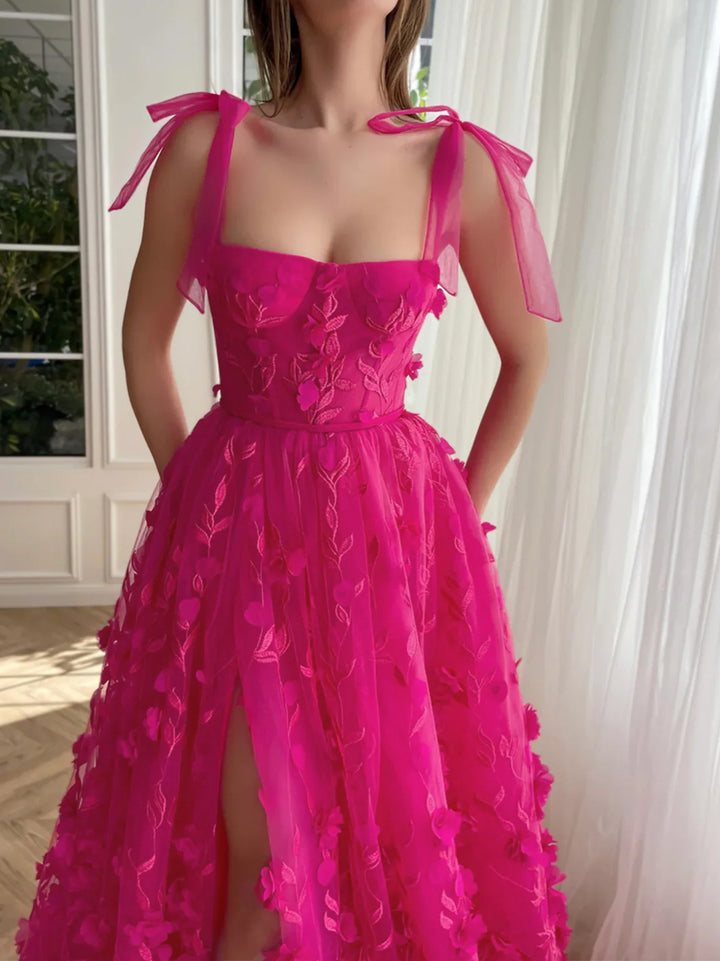 Robe de Bal Longue à Bretelles Spaghetti de Forme Trapèze/Princesse avec Fente Sur le Côté