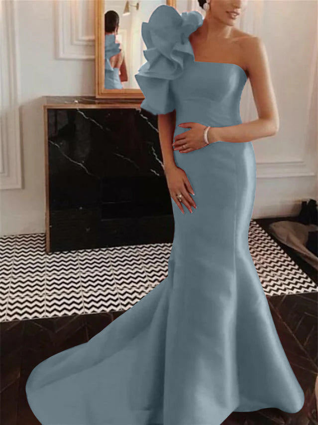 Robe de Soirée Sirène/Trompette Sans Manches, Sans Bretelles, Traîne Courte, avec Volants