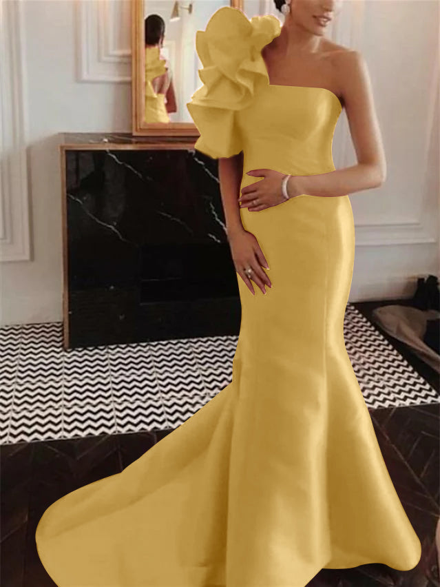 Robe de Soirée Sirène/Trompette Sans Manches, Sans Bretelles, Traîne Courte, avec Volants
