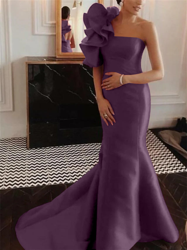 Robe de Soirée Sirène/Trompette Sans Manches, Sans Bretelles, Traîne Courte, avec Volants