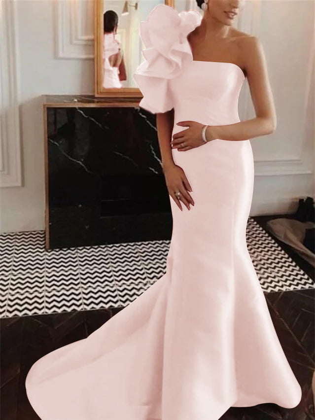 Robe de Soirée Sirène/Trompette Sans Manches, Sans Bretelles, Traîne Courte, avec Volants