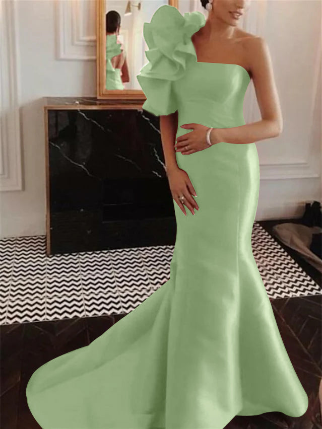 Robe de Soirée Sirène/Trompette Sans Manches, Sans Bretelles, Traîne Courte, avec Volants