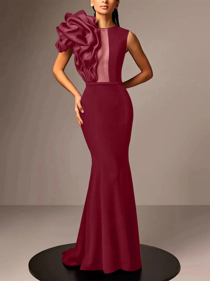 Robe de Soirée Sirène/Trompette en Satin Sans Manches avec Fleur