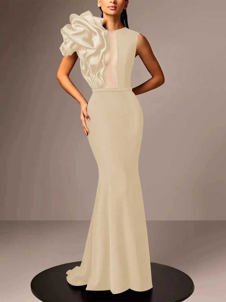 Robe de Soirée Sirène/Trompette en Satin Sans Manches avec Fleur