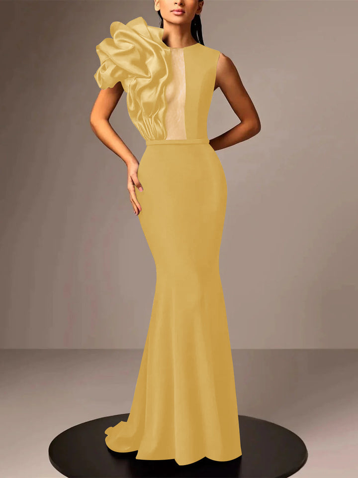 Robe de Soirée Sirène/Trompette en Satin Sans Manches avec Fleur
