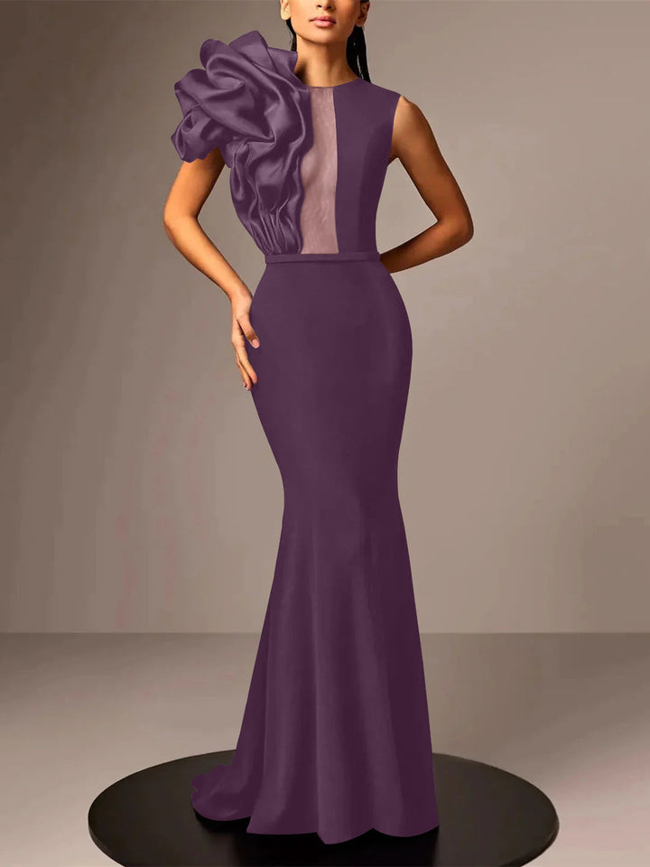 Robe de Soirée Sirène/Trompette en Satin Sans Manches avec Fleur