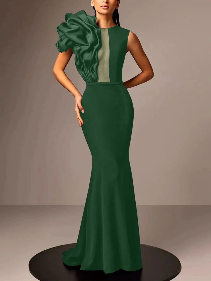 Robe de Soirée Sirène/Trompette en Satin Sans Manches avec Fleur
