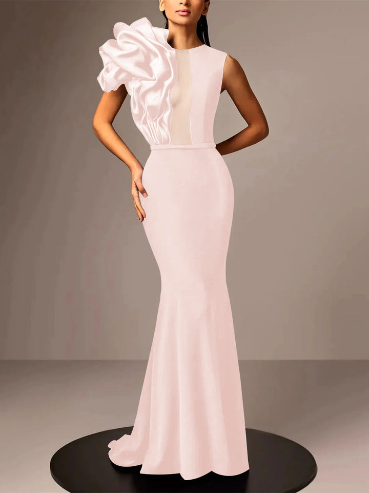 Robe de Soirée Sirène/Trompette en Satin Sans Manches avec Fleur