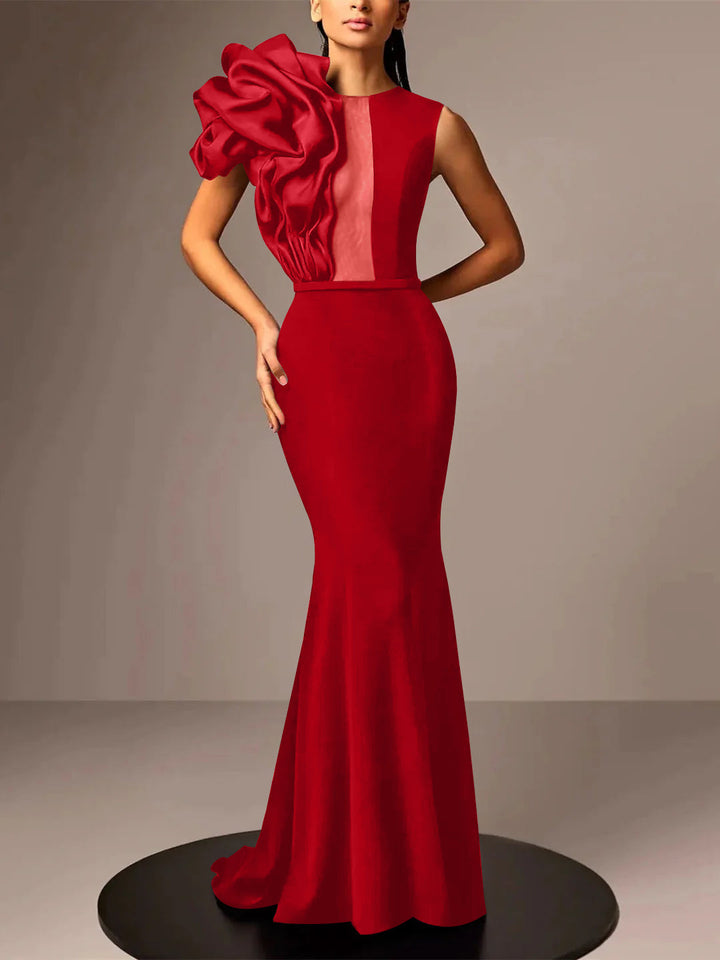 Robe de Soirée Sirène/Trompette en Satin Sans Manches avec Fleur