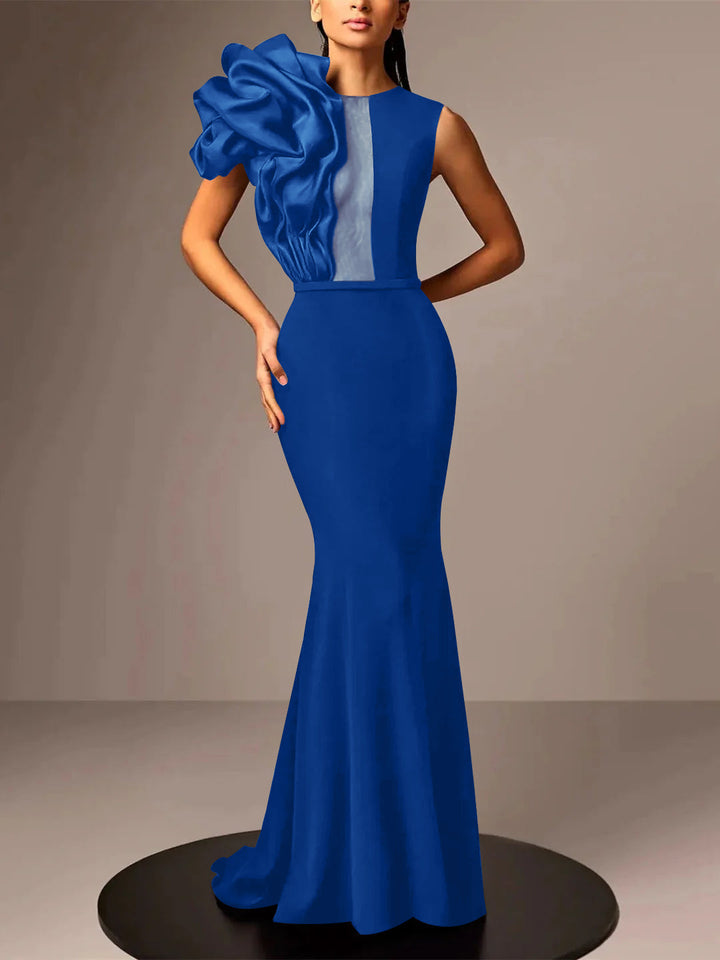 Robe de Soirée Sirène/Trompette en Satin Sans Manches avec Fleur