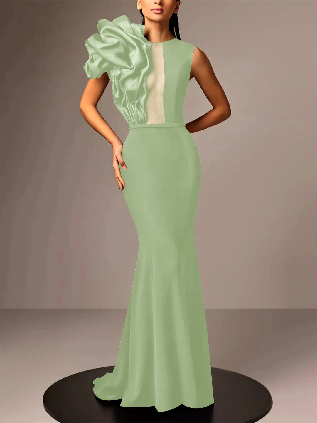 Robe de Soirée Sirène/Trompette en Satin Sans Manches avec Fleur