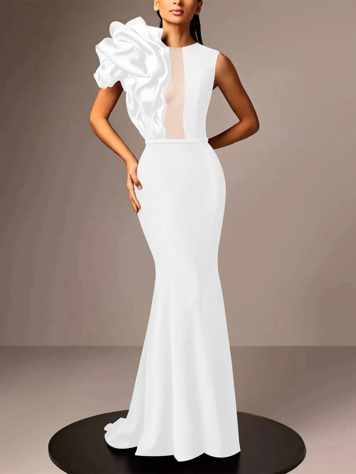 Robe de Soirée Sirène/Trompette en Satin Sans Manches avec Fleur