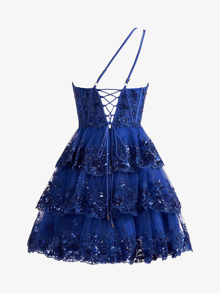 Robe de Soirée Courte/Mini Sans Manches à Une Épaule, Coupe A-Line/Princesse, Robe de Cocktail, de Bal, de Retour à la Maison, avec Paillettes