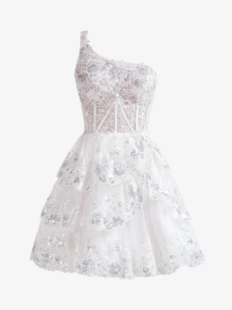 Robe de Soirée Courte/Mini Sans Manches à Une Épaule, Coupe A-Line/Princesse, Robe de Cocktail, de Bal, de Retour à la Maison, avec Paillettes
