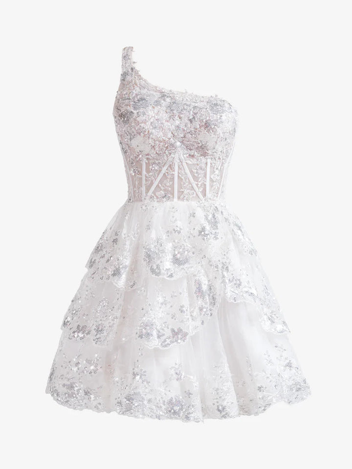 Robe de Soirée Courte/Mini Sans Manches à Une Épaule, Coupe A-Line/Princesse, Robe de Cocktail, de Bal, de Retour à la Maison, avec Paillettes