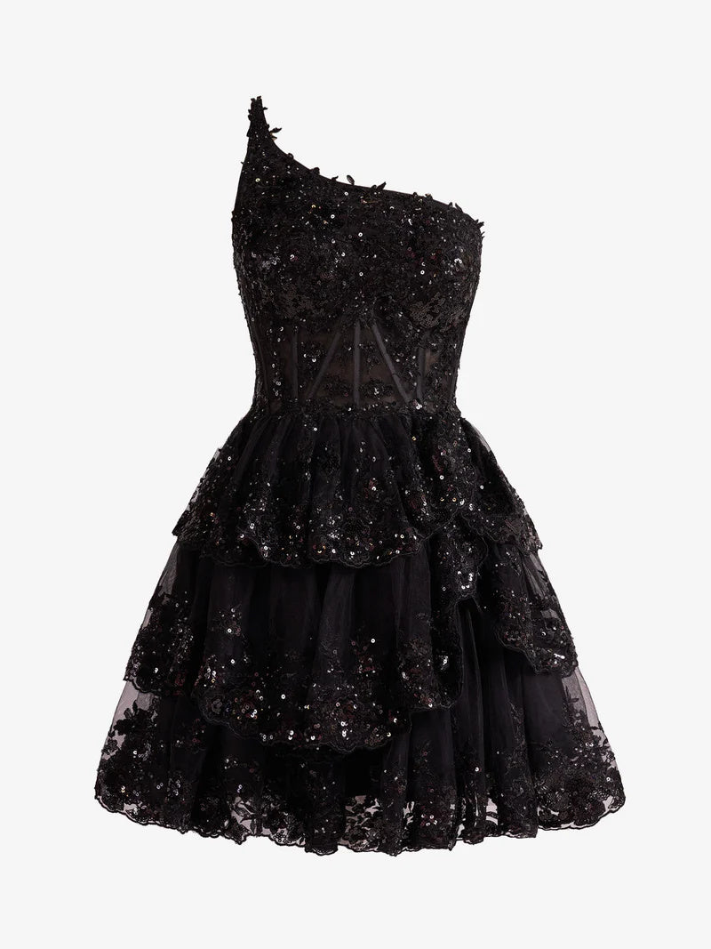 Robe de Soirée Courte/Mini Sans Manches à Une Épaule, Coupe A-Line/Princesse, Robe de Cocktail, de Bal, de Retour à la Maison, avec Paillettes