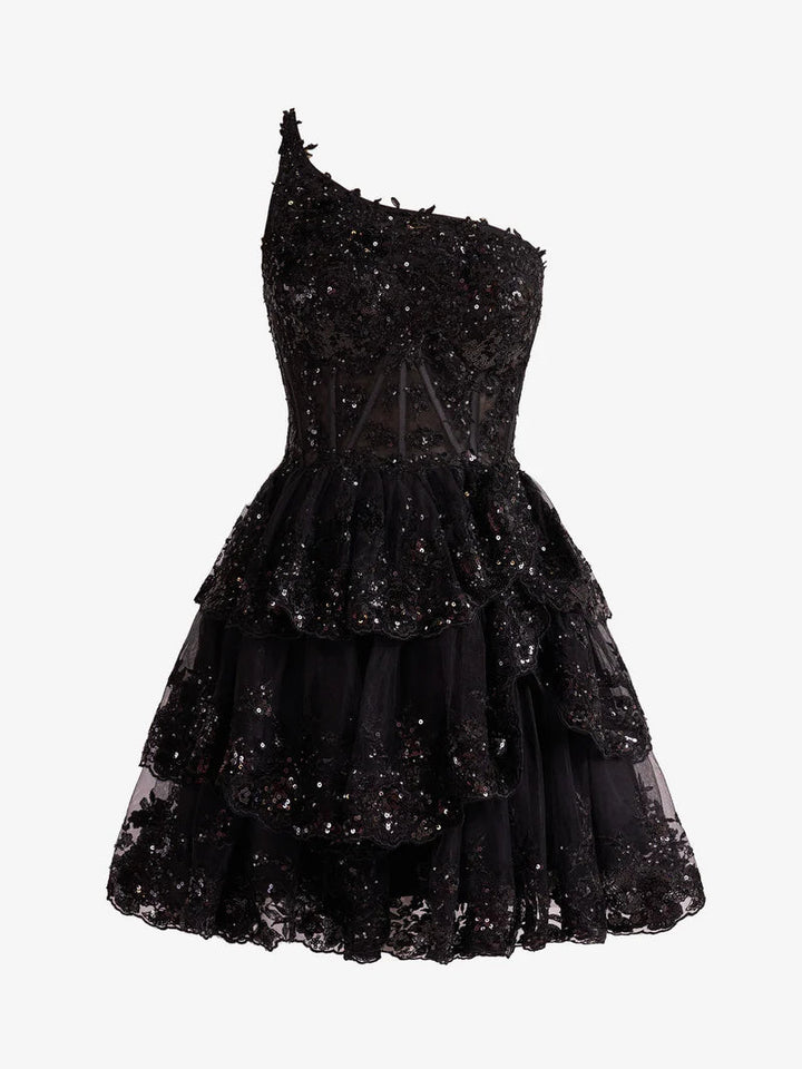 Robe de Soirée Courte/Mini Sans Manches à Une Épaule, Coupe A-Line/Princesse, Robe de Cocktail, de Bal, de Retour à la Maison, avec Paillettes