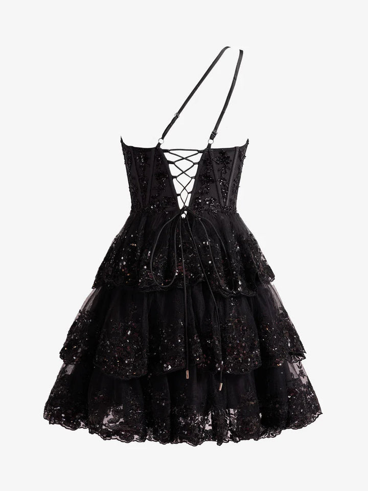 Robe de Soirée Courte/Mini Sans Manches à Une Épaule, Coupe A-Line/Princesse, Robe de Cocktail, de Bal, de Retour à la Maison, avec Paillettes