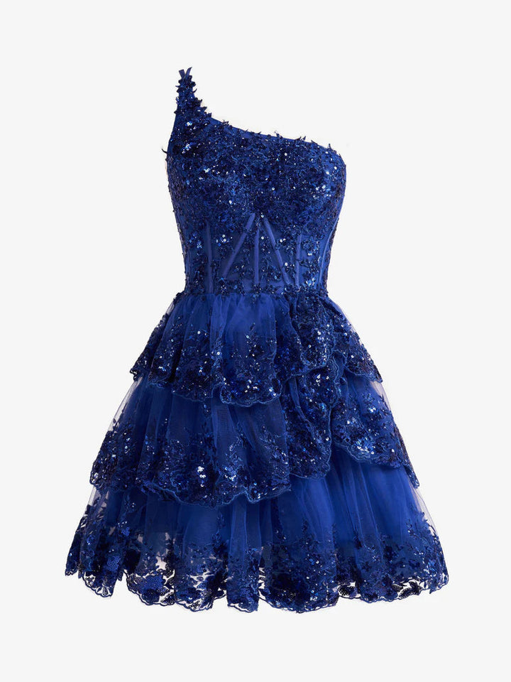 Robe de Soirée Courte/Mini Sans Manches à Une Épaule, Coupe A-Line/Princesse, Robe de Cocktail, de Bal, de Retour à la Maison, avec Paillettes
